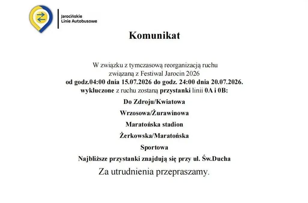 Zmiany w kursowaniu autobusów w Jarocinie przez Festiwal 2026