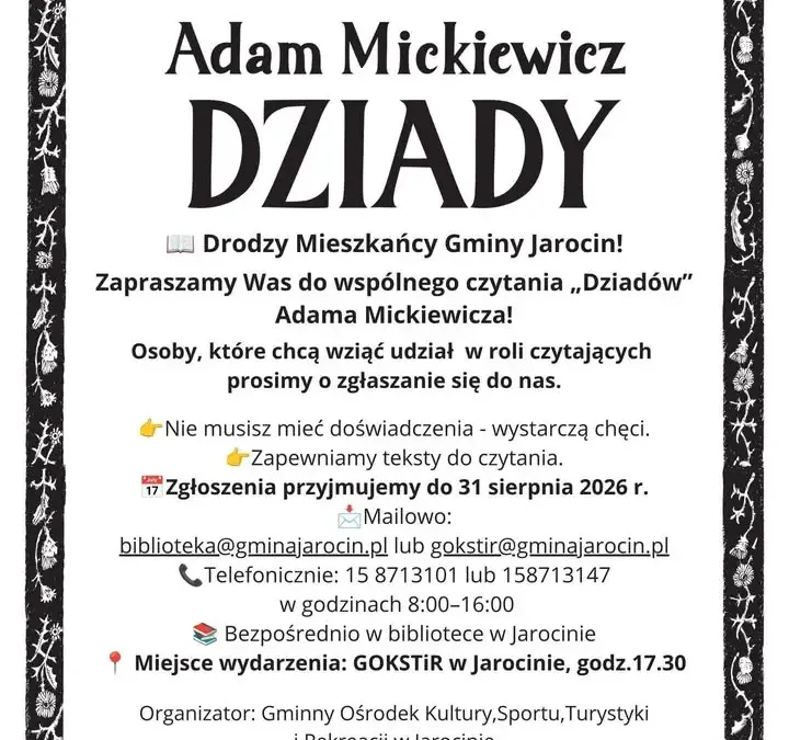 Narodowe Czytanie 2026 w Jarocinie: Wspólne czytanie „Dziadów” Mickiewicza