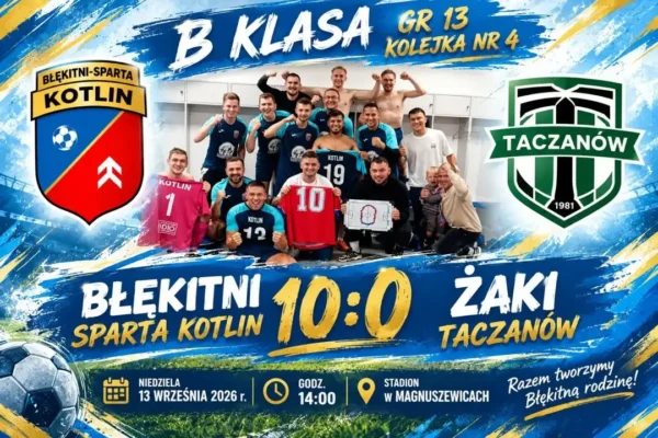 Błękitni Sparta Kotlin rozgromili Żaki Taczanów 10:0 w Magnuszewicach