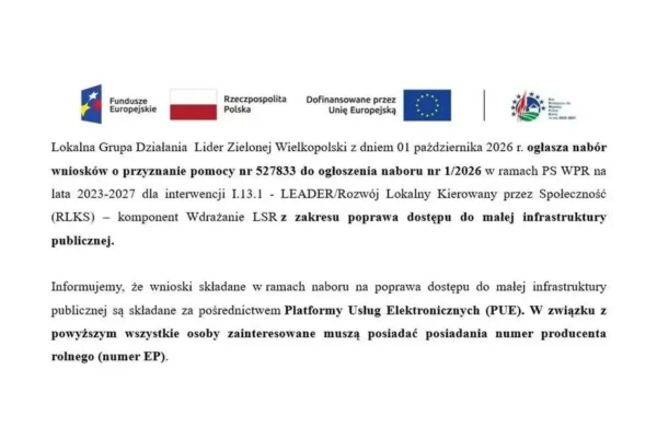 Lider Zielonej Wielkopolski ogłasza nabór wniosków na małą infrastrukturę publiczną