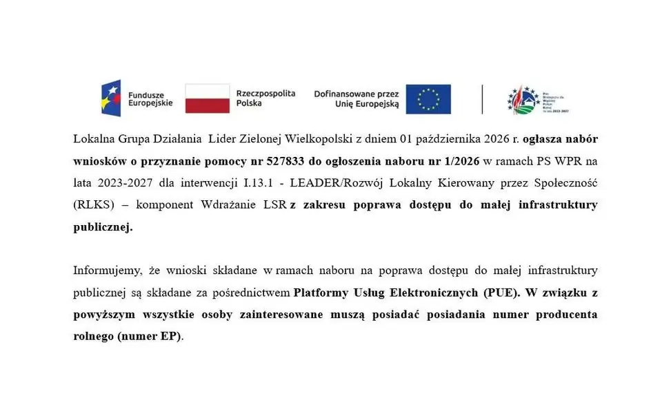 Lider Zielonej Wielkopolski ogłasza nabór wniosków na małą infrastrukturę publiczną