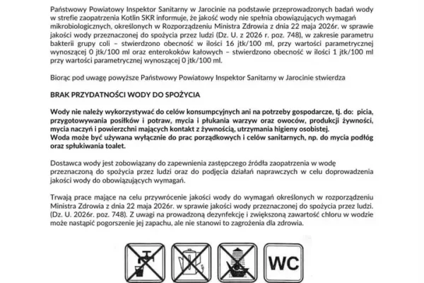 Sanepid w Jarocinie: woda w strefie Kotlin SKR niezdatna do spożycia
