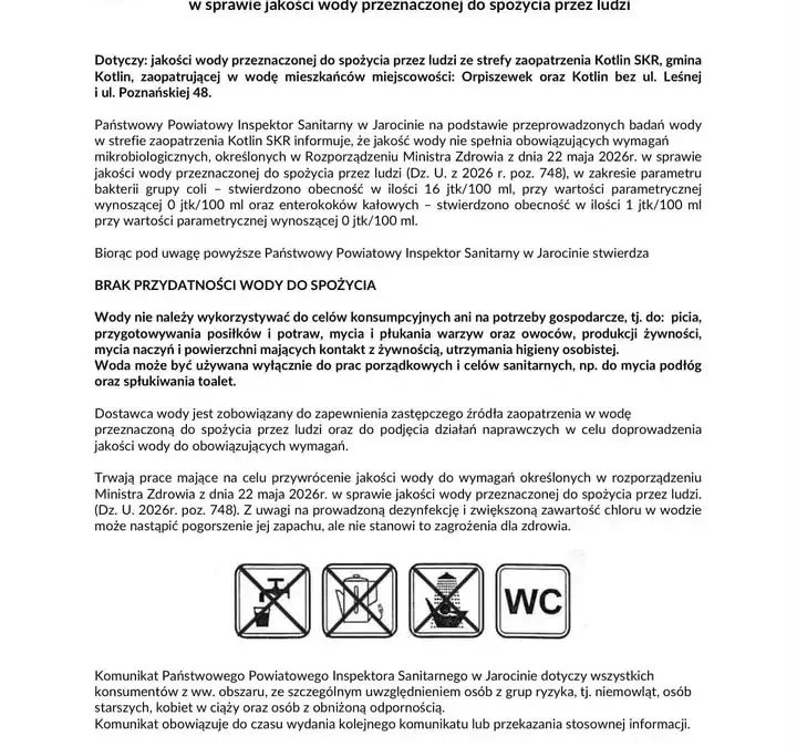 Sanepid w Jarocinie: woda w strefie Kotlin SKR niezdatna do spożycia