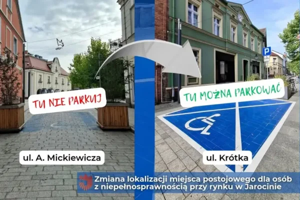 Jarocin: miejsce postojowe dla osób z niepełnosprawnościami przeniesione z ul. Mickiewicza na ul. Krótką