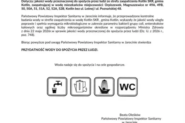 Woda z wodociągu Kotlin SKR znów zdatna do picia – Sanepid potwierdza poprawę jakości