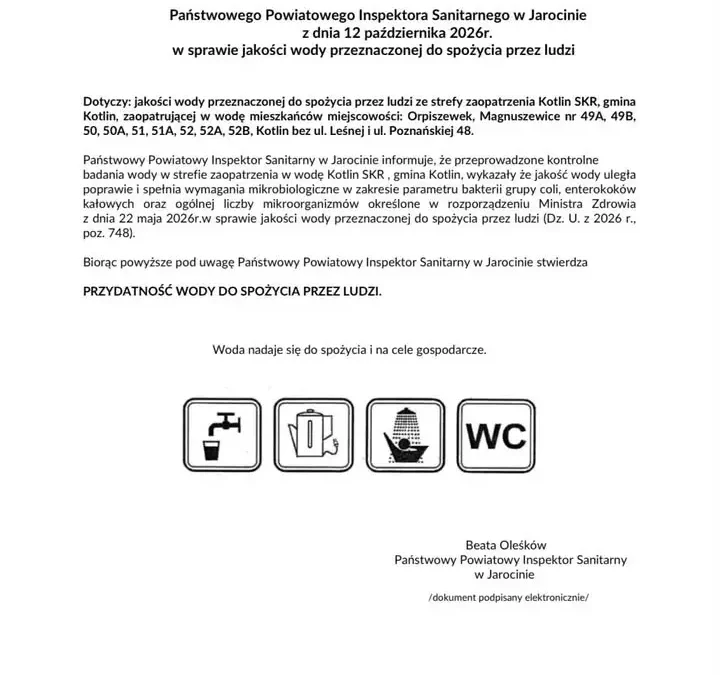 Woda z wodociągu Kotlin SKR znów zdatna do picia – Sanepid potwierdza poprawę jakości